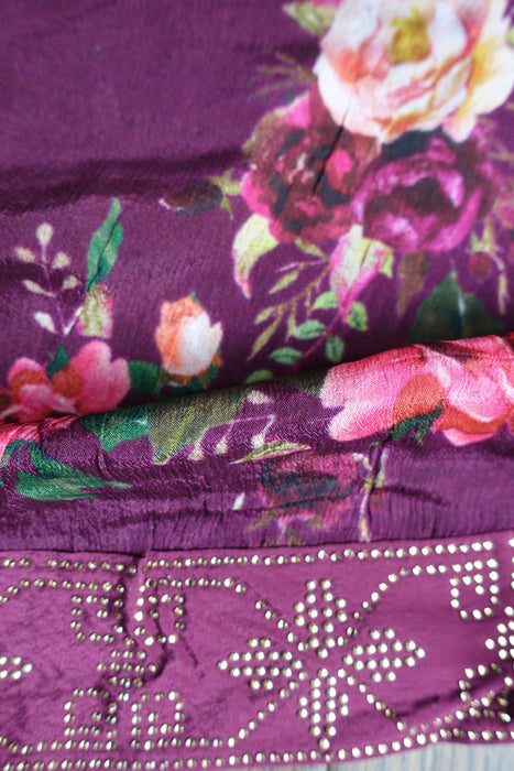Plum Silk Salwar Suit With Floral Dupatta- UK 12 / EU 38 - Preloved