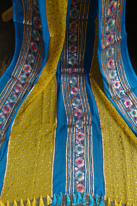 Yellow And Blue Pure Silk Vintage Salwar Kameez - UK 8 / EU 34 - New