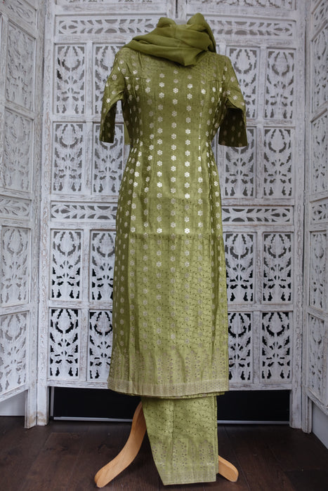 Olive Green Vintage Silk Blend Salwar Suit - UK 8 / EU 34 - New