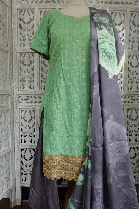 Grey & Mint Green Embroidered Salwar Kameez - UK 12 / EU 38 - Preloved
