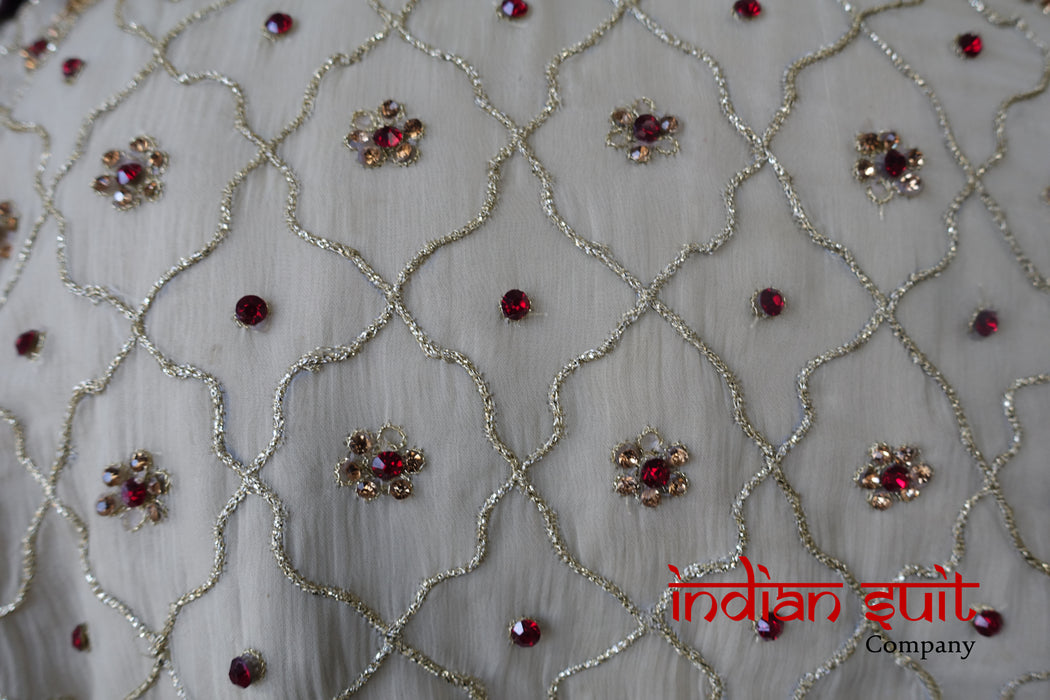Cream Silk Chiffon Diamante Embellished Trouser Suit - UK 12 / EU 38 - New - Indian Suit Company