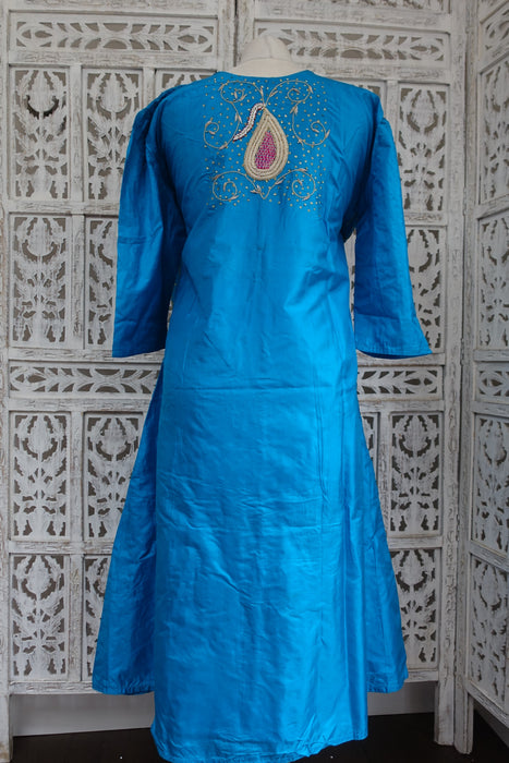 Peacock Blue Vintage Silk Tunic - UK 18 / EU 44 - New - Indian Suit Company
