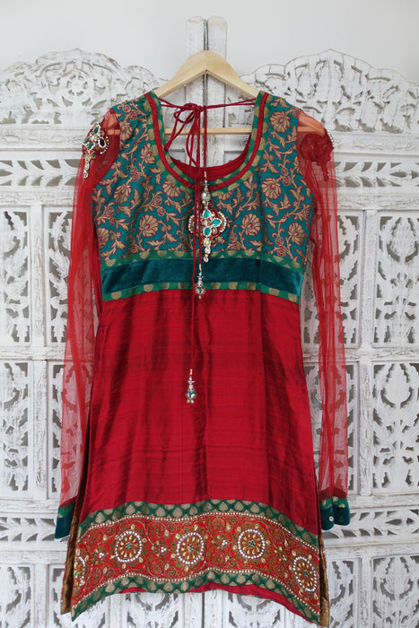 Red Raw Silk & Banarsi Kameez - UK 12 / EU 38 - Preloved - Indian Suit Company
