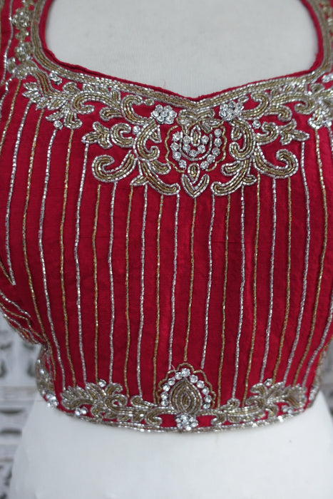 Red Silk And Silver Sari Blouse - New