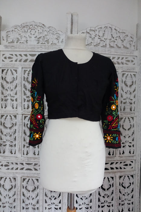 Black Cotton Vintage Embroidered Peacock Blouse - New