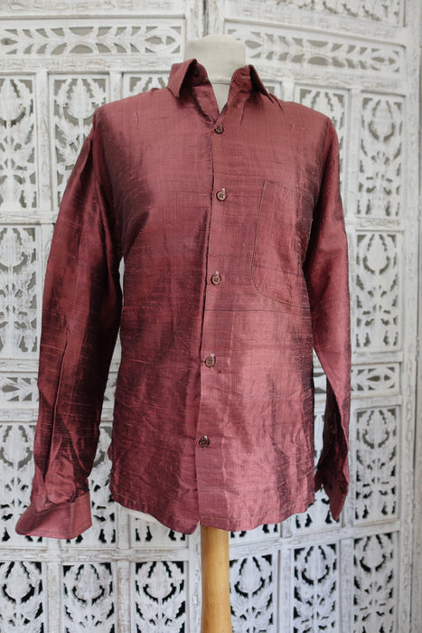 Brown Vintage Raw Silk Mens Shirt - New