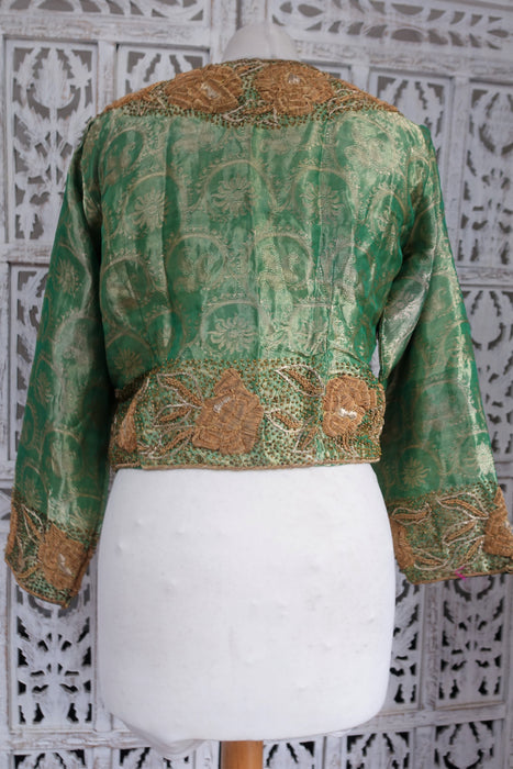 Green Vintage Silk Zardosi Worked Jacket / Top - UK 10/ EU 36 - Preloved