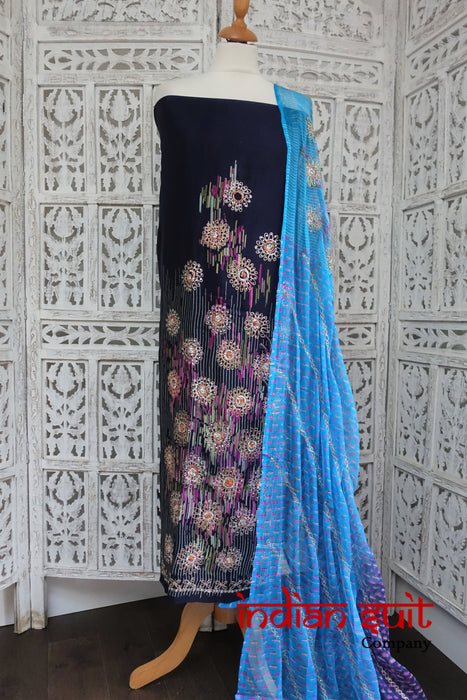 Navy & Peacock Blue Silk Unstitched Fabric With Silk Chiffon Scarf - New - Indian Suit Company