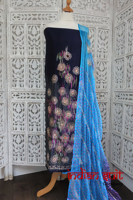 Navy & Peacock Blue Silk Unstitched Fabric With Silk Chiffon Scarf - New - Indian Suit Company