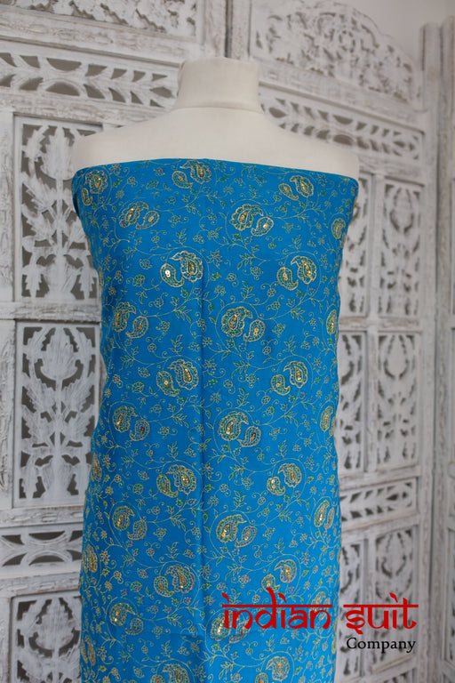Blue Floral Embellished Vintage Silk - Indian Suit Company