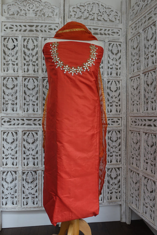 Rust Orange Pure Silk With Embellished Neckline - Indian Suit Company
