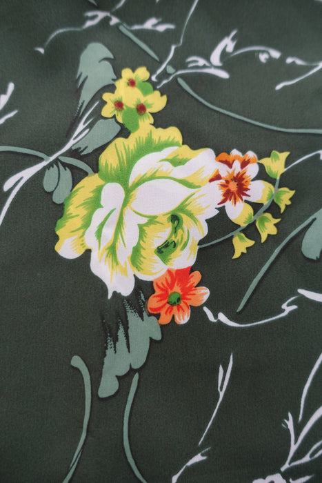 Dark Green Vintage Floral Print And Plain Fabric - New