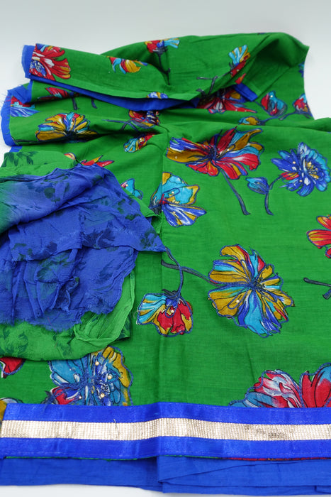 Green & Blue Cotton Embroidered Unstitched Suit New