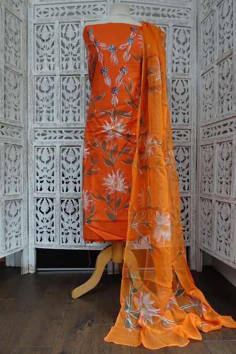 Orange Painted Cotton With Dupatta - New