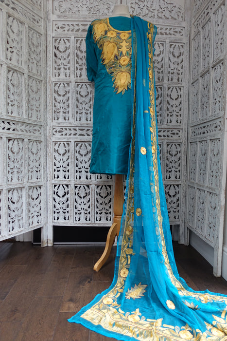 Blue Vintage Silk With Silk Chiffon Dupatta - New