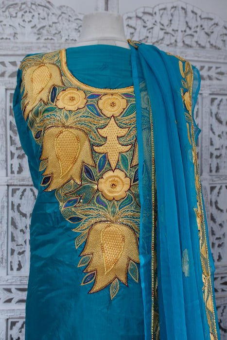 Blue Vintage Silk With Silk Chiffon Dupatta - New