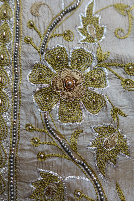 Khaki Gold Tissue Silk Vintage Embroidered Suit - New