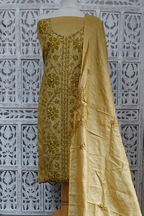 Khaki Gold Tissue Silk Vintage Embroidered Suit - New