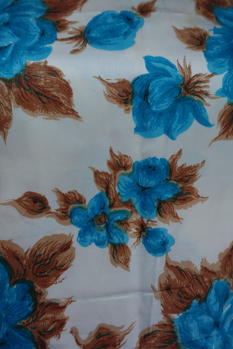 Off White With Bright Blue Flower Satin Print Vintage - New