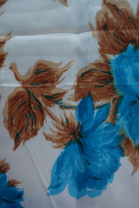 Off White With Bright Blue Flower Satin Print Vintage - New