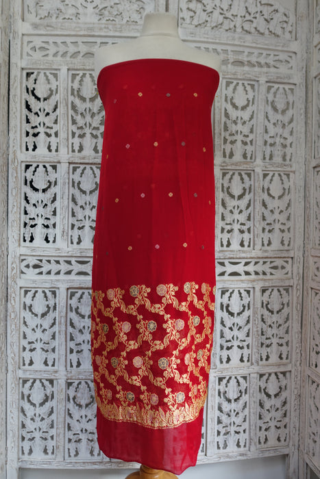 Red Banarsi Pure Silk Chiffon Fabric - New