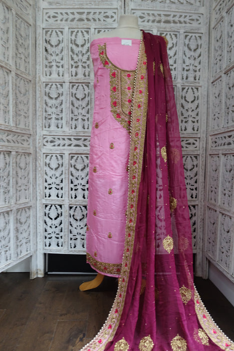 Pink And Plum Chanderi Silk With Heavy Dupatta - New