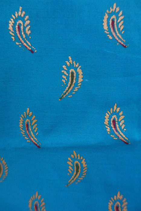 Blue Gold Block Printed Cotton Blend Fabric - New