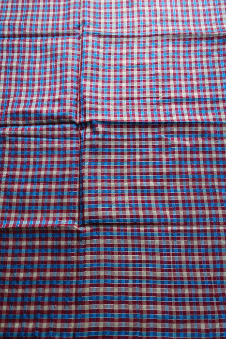 Red Blue Gold Chequered Vintage Pure Pure Raw Silk Fabric - New