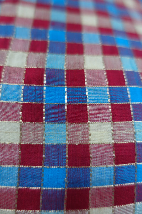 Red Blue Gold Chequered Vintage Pure Pure Raw Silk Fabric - New