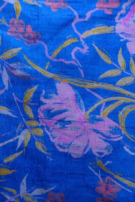 Blue Floral Vintage Raw Silk Fabric - New
