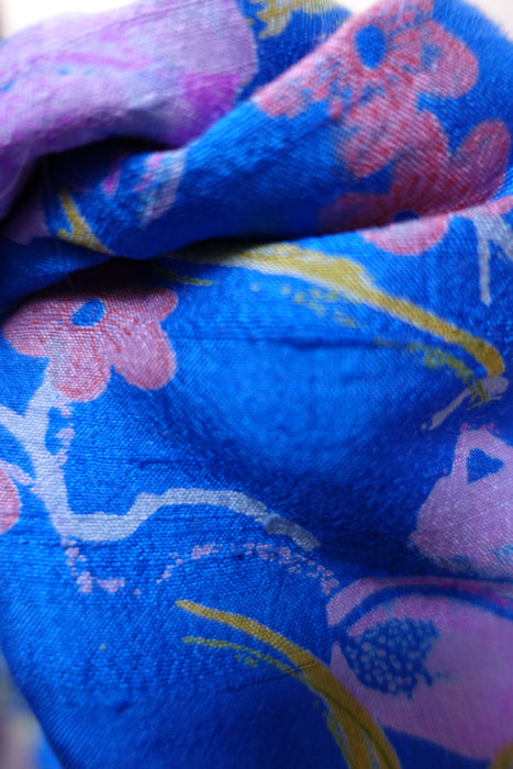 Blue Floral Vintage Raw Silk Fabric - New